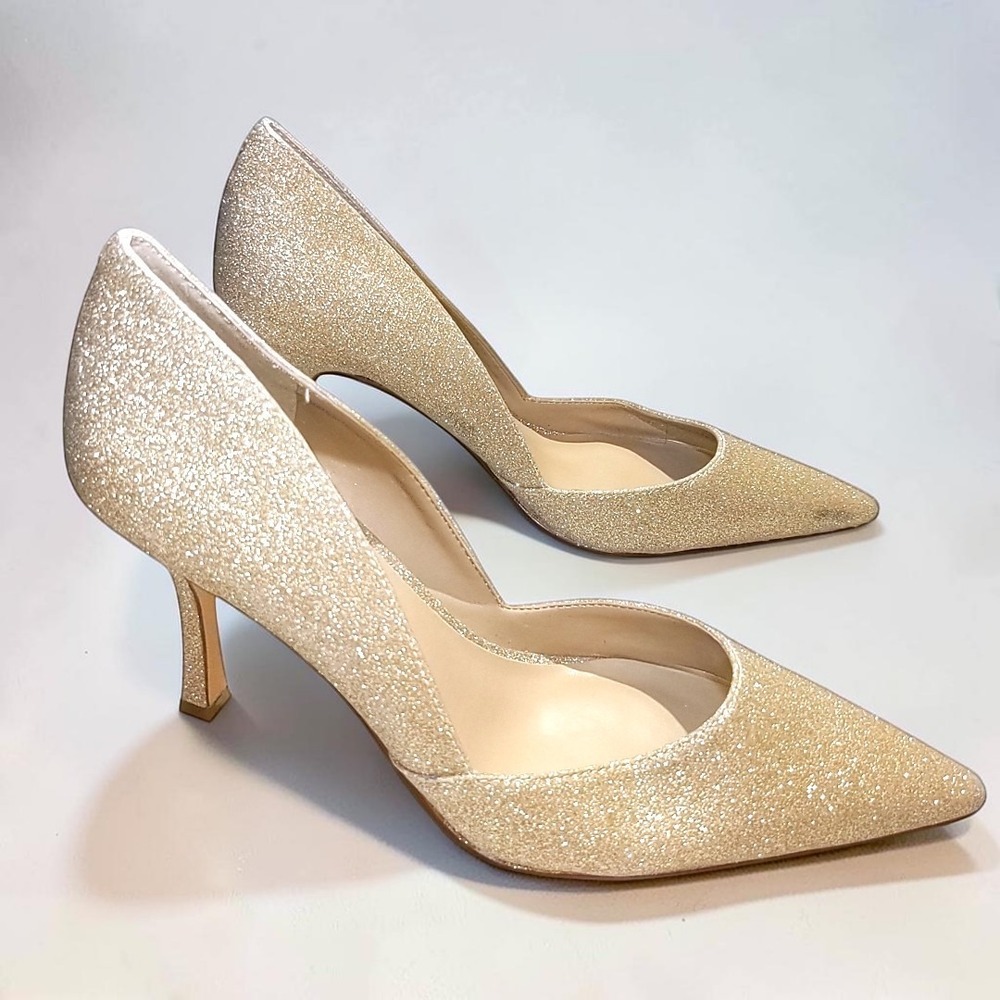 Ann Taylor Gold Glitter Pumps Pointed Toe Stiletto Heels 8.5M Sparkle D'Orsay